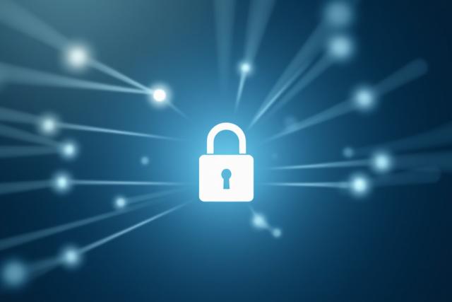 En hvit henglås på et grått nettverk, symboliserer datasikkerhet og personvern.